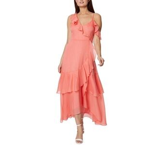 BCBGENERATION Women’s High Low Tiered Ruffled Asymmetric Maxi Dress Coral Size 8